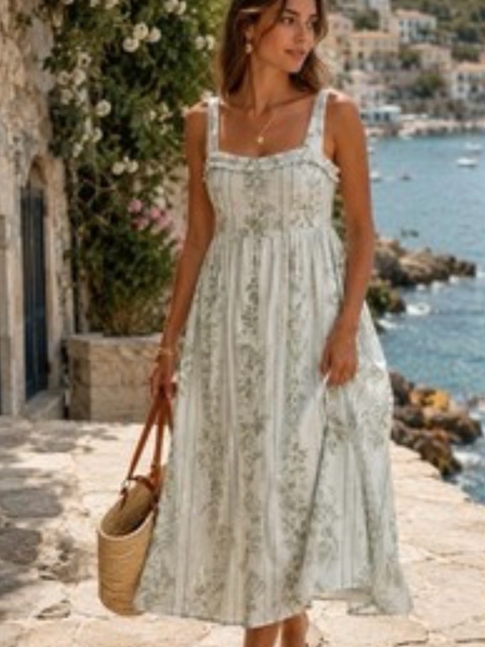 Caroline Constas Light Green linen Floral Maxi Dress with Square Neck & pearls